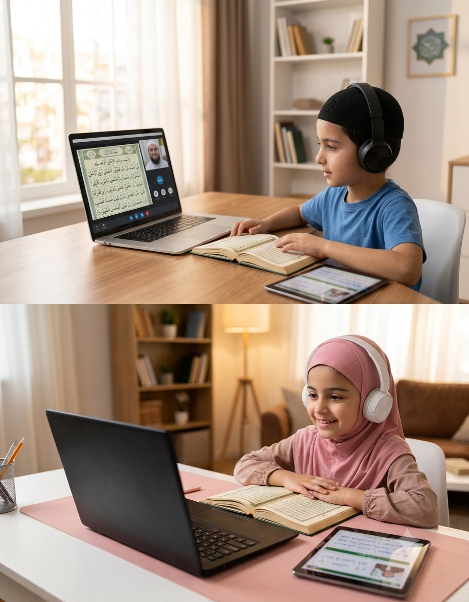 Children learning Noorani Qaida with Tajweed in online Quran classes for kids