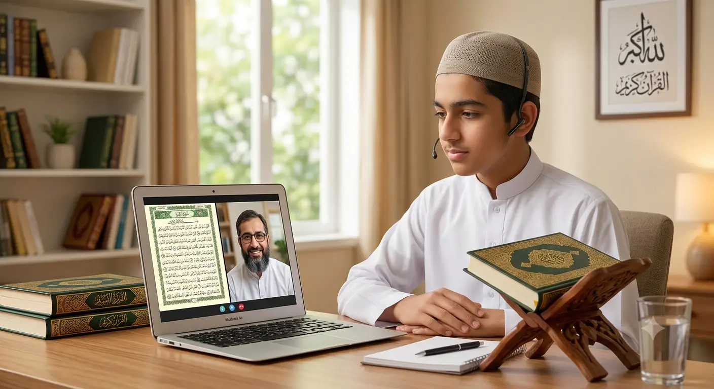 Student learning Quran online with a Quran teacher