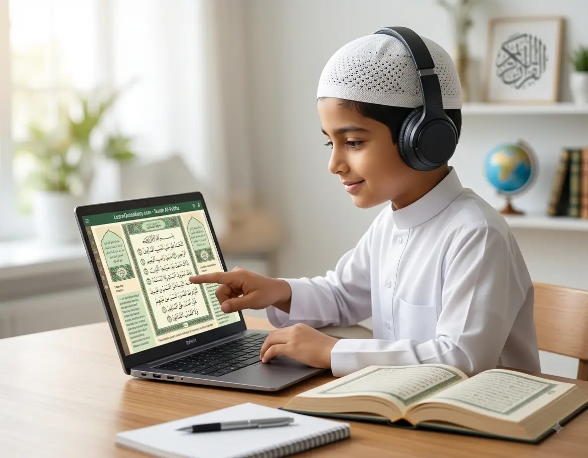 Child practicing Quran reading and Tajweed in online Quran classes