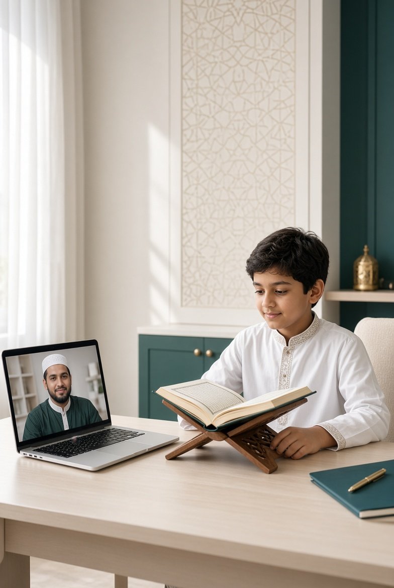 Child attending a one-to-one online Quran lesson from home with a qualified teacher