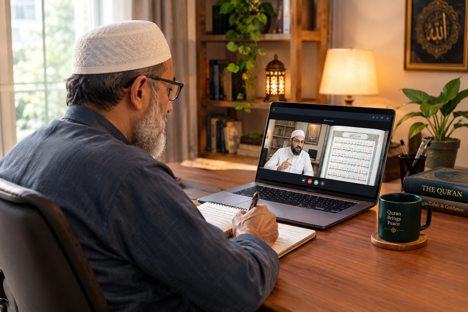 Adult beginner attending an online Quran class from home