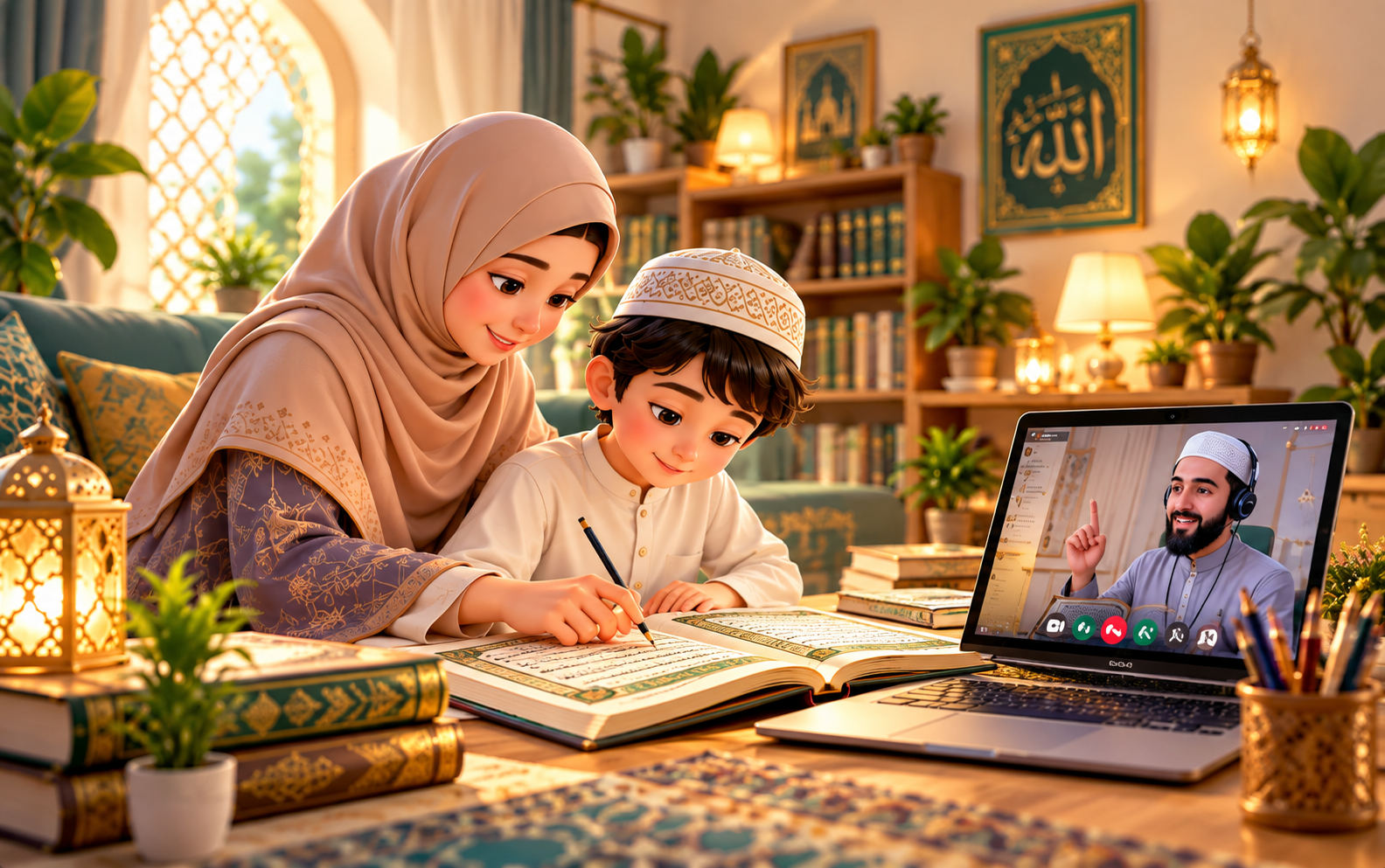 A mother helping her child prepare Quran lessons at home with an online Quran teacher