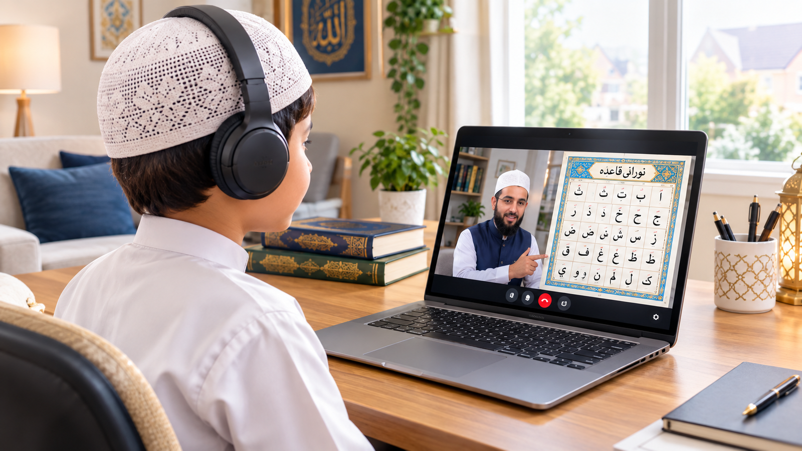 Child learning Noorani Qaida online with a Quran teacher through a live one-to-one lesson
