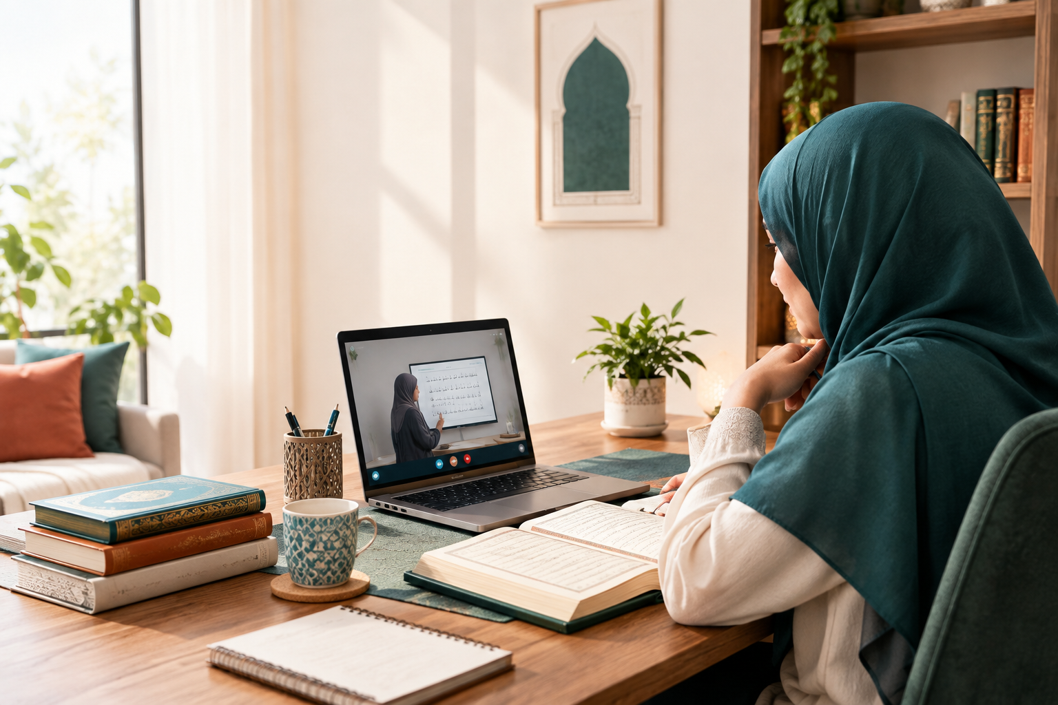 Adult learner attending a private online Quran class