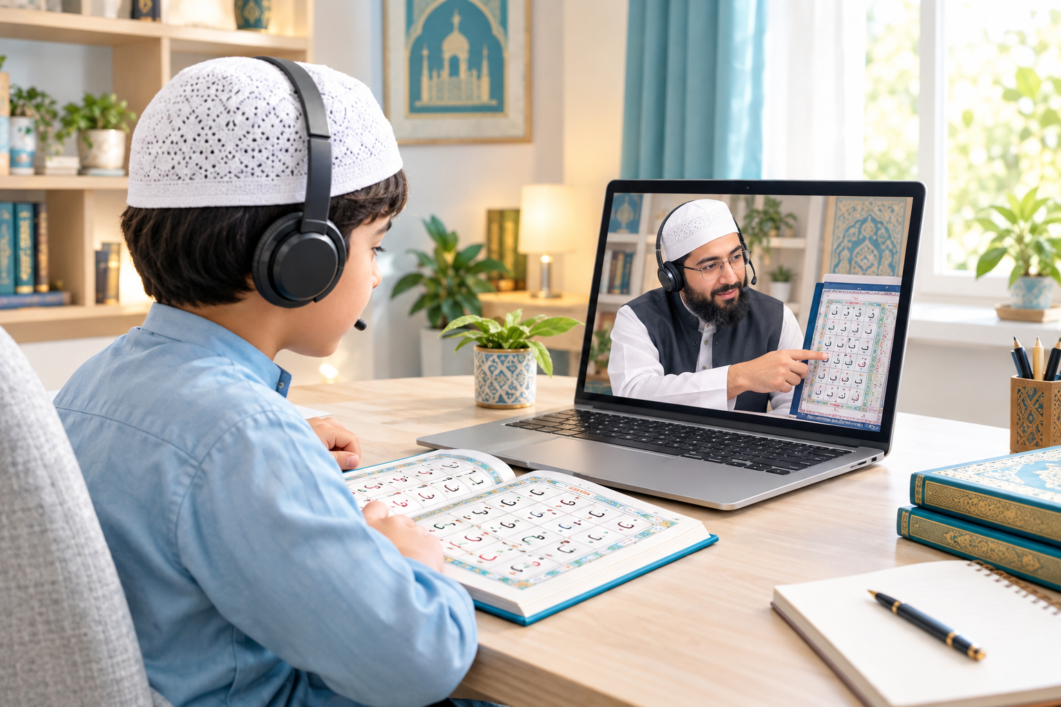 One-to-one online Quran lesson with a teacher helping a student learn